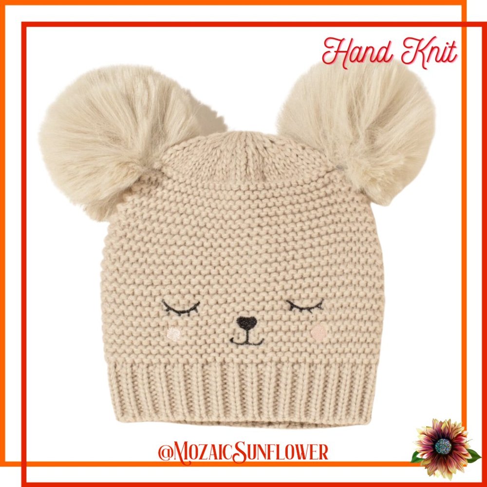 HAND KNIT Soft Beige Bear Embroidered Face Hat with Pompom Ears